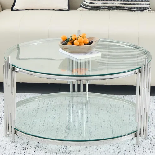 Vista 19 de Mesa auxiliar rectangular de vidrio de 48 pulgadas, mesa de centro de 2 niveles con parte superior de vidrio templado negro, patas de acero