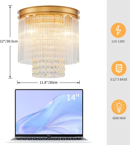 Vista 3 de LumFurn D12inch Modern Crystal Ceiling Light, 3-Light Chic Flushmount Close to Ceiling Light Fixture for Kitchen, Hallway & Bedroom, D12 x H12in