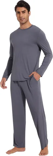 Vista 12 de WiWi Conjunto de pijama de viscosa de bambú para hombre, ropa de dormir de manga larga, ropa de dormir de punto, 2 piezas, conjuntos de ropa