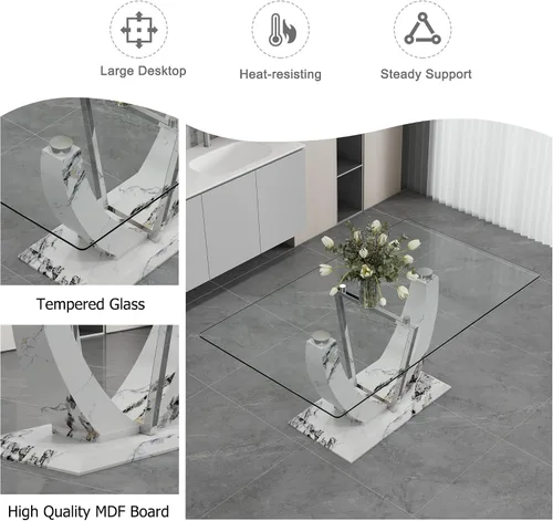 Vista 6 de Una mesa rectangular moderna y simple, equipada con una mesa de vidrio templado de 0.39 pulgadas y patas de tablero de densidad media, y estantes