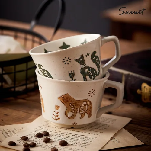 Vista 3 de Juego de 4 tazas de café de cerámica vintage de 12 onzas - Hechas a mano de gres cerámico de campo, estilo granja, para té de otoño con gran asa