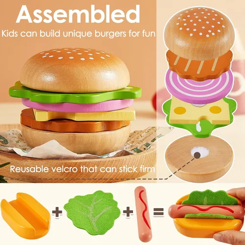 Vista 2 de Juego de accesorios de cocina con juguete de hamburguesa de comida rápida, plástico y madera, vajilla de cocina, juego de simulación, juguetes