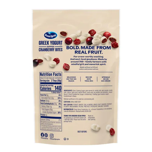 Vista 2 de Ocean Spray® Yogur griego cubierto Craisins®, sabor a yogur griego, arándanos cubiertos, frutas secas, bolsa de 5 onzas