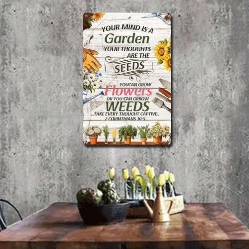 Vista 3 de Letrero de metal, letrero de hojalata vintage, arte de pared con texto en inglés "Garden Your Mind Love", arte de pared para jardín, jardín, regalo