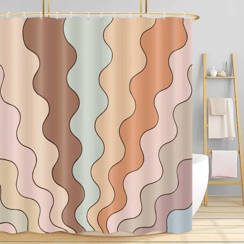 Vista 9 de Neutral Muted Earth Tone Wavy Shower Curtain Mid Century Modern Sage Taupe Blush Abstract Boho Bathroom Curtain Set with Hooks 36x72 Inch
