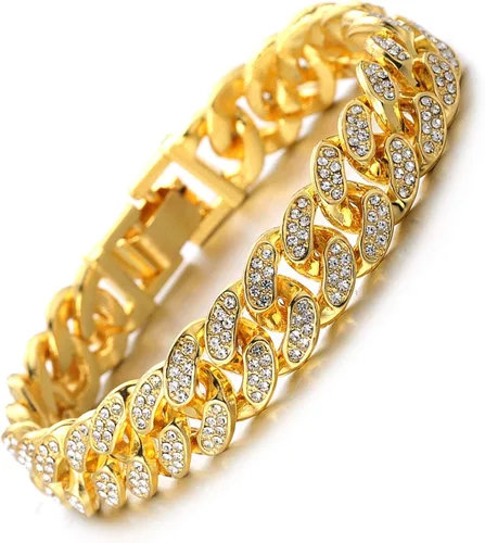 Vista 2 de Halukakah Cadena de eslabones cubanos para hombres helados, cadena de oro para hombre de 0.591in, pulseras Miami de 7 pulgadas (7.1in) en chapado