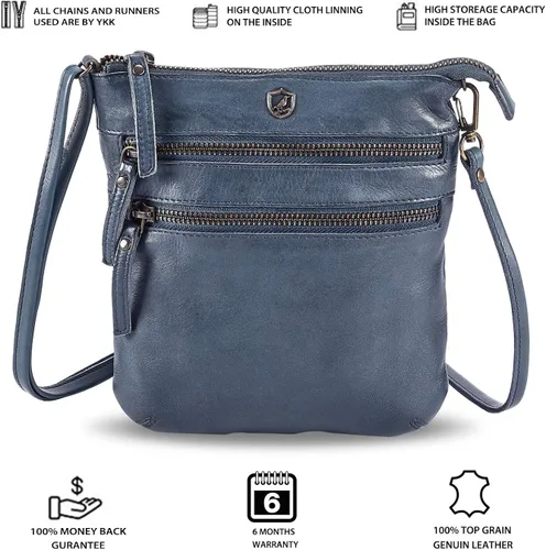 Vista 2 de COCHOA Bolso cruzado pequeño de cuero real con triple cremallera para mujer, bolso cruzado vintage de primera calidad