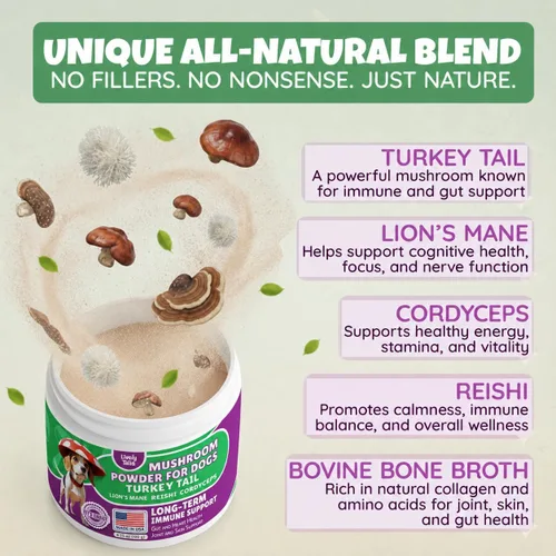 Vista 3 de Polvo de hongos totalmente natural para perros para inmunidad, cognición, longevidad, protuberancias y apoyo de bultos, hongo de cola de pavo