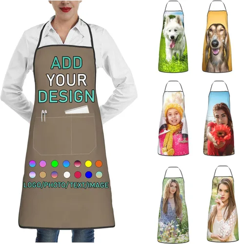 Vista 25 de Delantal personalizado con 2 bolsillos, personalizable con nombre, texto, logotipo, foto, cocina, horneado, delantal de cocina para mujeres y hombres