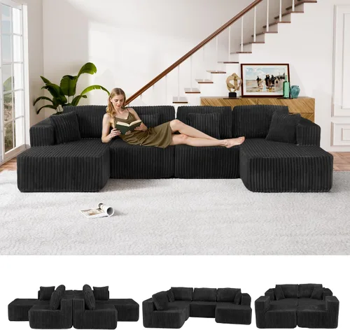 Vista 12 de Sofá cama modular en forma de U de 141.73 pulgadas, sofá de pana modular 6 en 1 con sensación suave como una nube, bolsa de almacenamiento