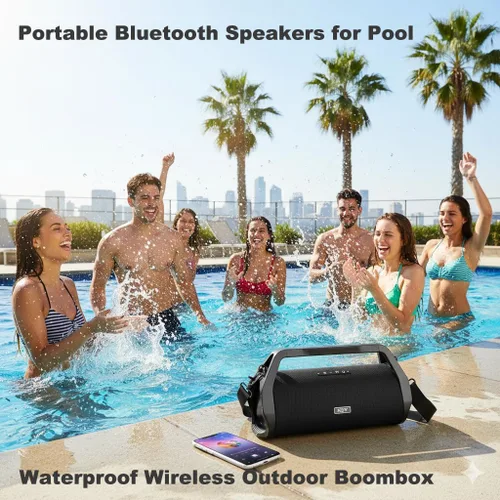Vista 4 de Altavoz retro Bluetooth Boombox, sin luz, resistente IP66, resistente al agua, para campus al aire libre con graves intensos, tiempo de reproducción