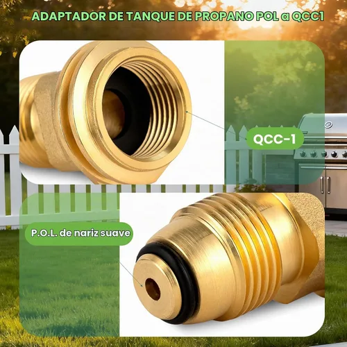 Vista 3 de Adaptador de tanque de propano POL a QCC1 - Convertidor de propano de latón macizo resistente for 100lb/20lb LP Tanks, Old to New Connection, BBQ