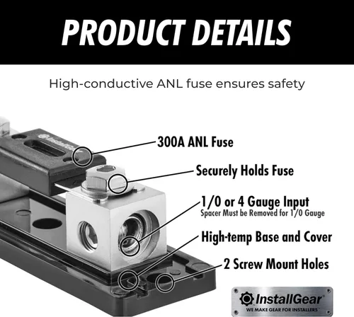Vista 5 de InstallGear - Bloque de fusibles con portafusibles ANL y cubierta transparente - Fusibles de 300 amperios para protección segura del circuito - Caja