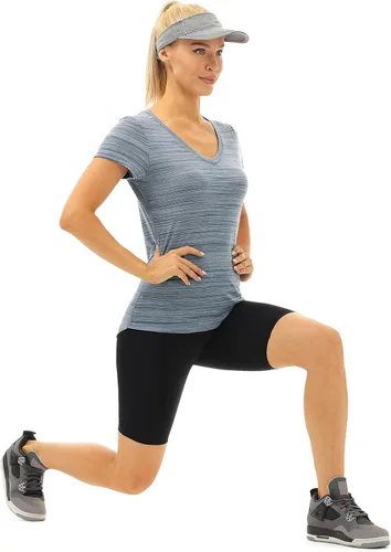 Vista 4 de icyzone Camisetas de entrenamiento para mujer - Camisetas de yoga para gimnasio, correr, fitness, cuello en V