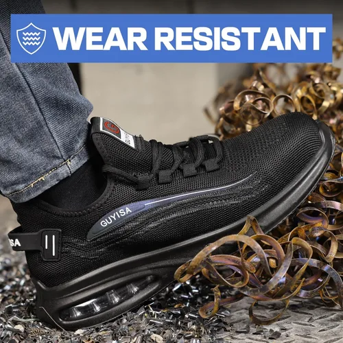 Vista 7 de GLANOUDUN Zapatos de punta de acero para hombre, zapatos de trabajo negros, zapatos de seguridad ligeros para hombres, zapatos de seguridad