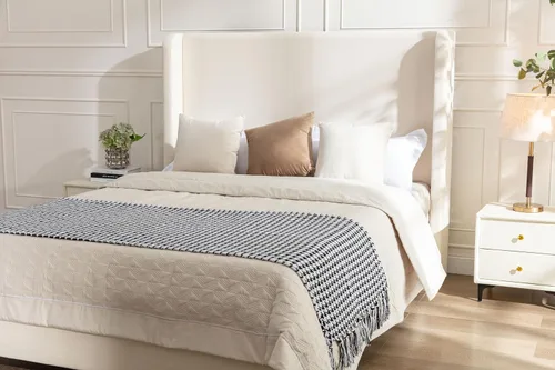 Vista 3 de Base de cama tapizada tamaño Queen, cabecera acolchada de 54" con respaldo geométrico, plataforma tapizada para dormitorio de niños, adolescentes