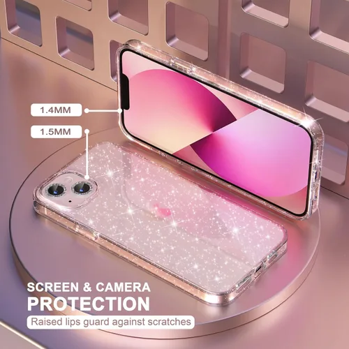 Vista 10 de Choiche Compatible con iPhone 13, funda para mujer con purpurina brillante, 2 protectores de lente de cámara con diamantes, funda protectora a