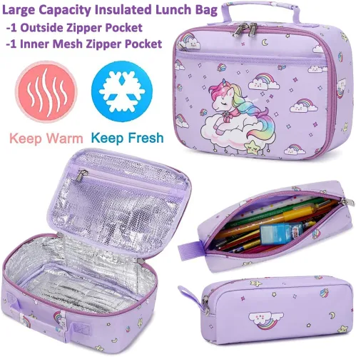 Vista 6 de Juego de mochila para niñas y adolescentes, mochila escolar para niños con bolsa para el almuerzo, estuche para lápices, mochilas escolares