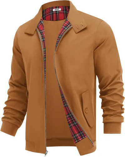 Vista 12 de COOFANDY - Chaquetas ligeras para hombre, chaqueta casual de estilo cortavientos con cremallera, cuello parado, chaqueta de golf elegante