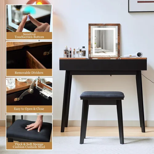 Vista 8 de Tocador Pequeño, Tocador Compacto para Niñas con Taburete y Toma de Corriente, Escritorio de Maquillaje con Espejo y Luz LED, Mesa de Tocador