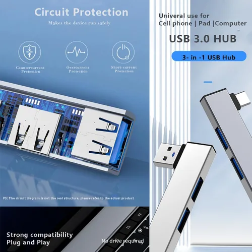 Vista 7 de Concentrador USB, concentrador USB de 3 puertos con puerto USB 2.0 y puerto USB 3.0, divisor USB, extensor USB para laptop, PC, unidad flash, disco