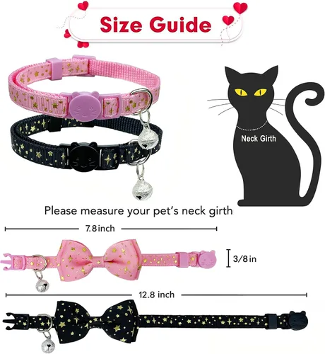 Vista 3 de Pohshido Paquete de 2 collares de gato con pajarita y campana, collar de gatito estrellado para machos, hembras, niños y niñas, gatos (rosa y negro)