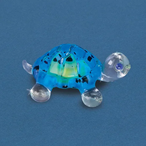 Vista 2 de Glass Baron Figura de cristal de tortuga azul brillante, soplada a mano y esculpida con detalles de cristal austriaco, adorno coleccionable
