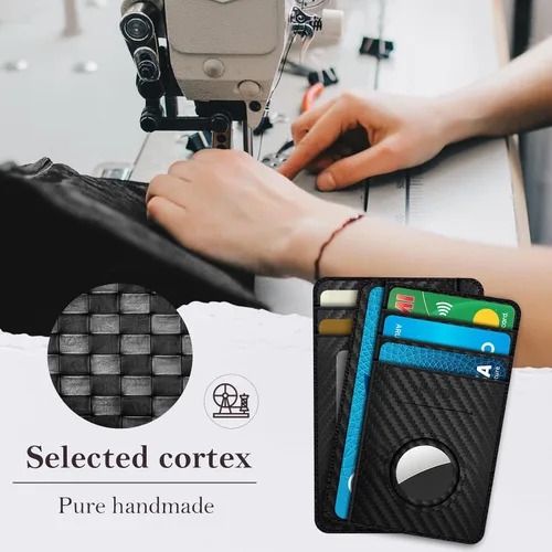 Vista 2 de Aunote Billetera AirTag de piel auténtica con bloqueo RFID, bolsillo con caja de regalo para hombres y mujeres, de fibra de carbono, Negro