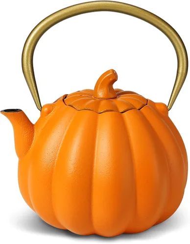Vista 9 de VICSKY Tetera de hierro fundido de calabaza, tetera japonesa de tetsubin, 40 onzas, interior esmaltado e infusor extendido para hojas sueltas