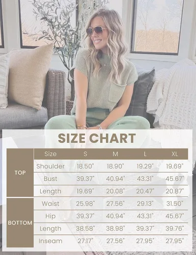 Vista 7 de Watashi Conjunto de 2 piezas de suéter de punto para mujer, pantalones de cintura alta, trajes de descanso con bolsillos