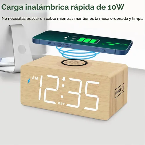 Vista 2 de DreamSky Wooden Digital Alarm Clock with Wireless Charging for Bedroom Bamboo