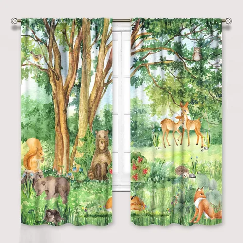 Vista 8 de YCness Cortinas para niños y niñas, diseño de animales de la selva, bosque de otoño, dibujos animados, ciervos, conejos, zorros, búhos, cortinas