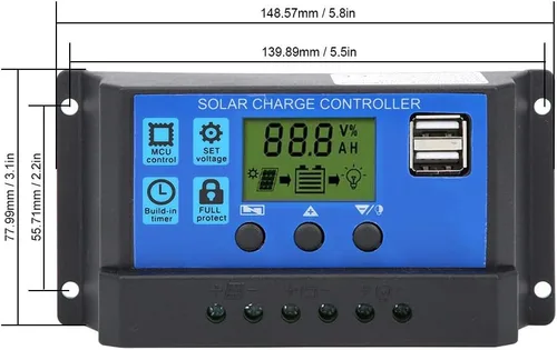 Vista 3 de Control de carga de batería Salida USB dual 12V/24V 30A Regulador inteligente Energía solar, controlador de panel solar con pantalla LCD, regulador