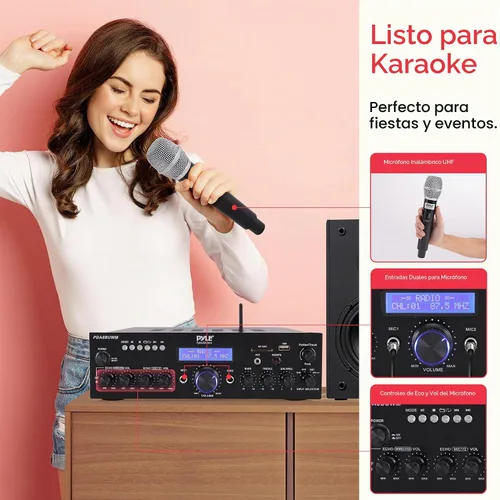 Vista 4 de [Usado] Pyle Combo de micrófono inalámbrico/amplificador Bluetooth, potencia máxima de 200 W, receptor de audio estéreo de doble canal con USB