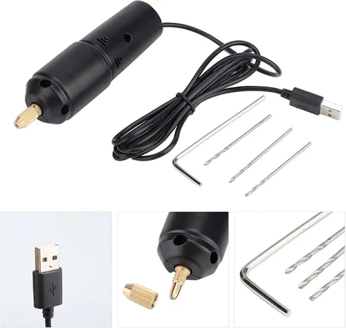 Vista 8 de Mini taladro de mano eléctrico, DC 5V portátil de mano micro USB taladro con 3 brocas de repuesto, rango de pinza de 0.028-0.051 in
