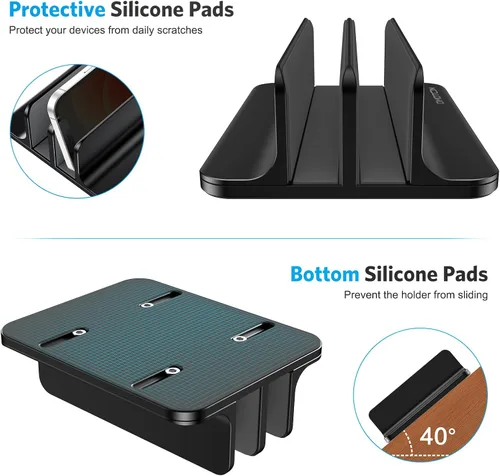 Vista 7 de OMOTON Soporte vertical para computadora portátil [versión doble actualizada], soporte de escritorio de aluminio para Mac Book con base ajustable