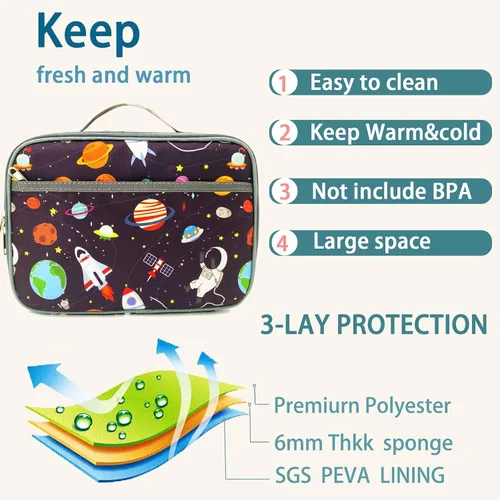Vista 4 de Kulle - Lonchera de astronauta para niños, bolsa de almuerzo con tema espacial aislada, lonchera térmica reutilizable para niños, para la escuela