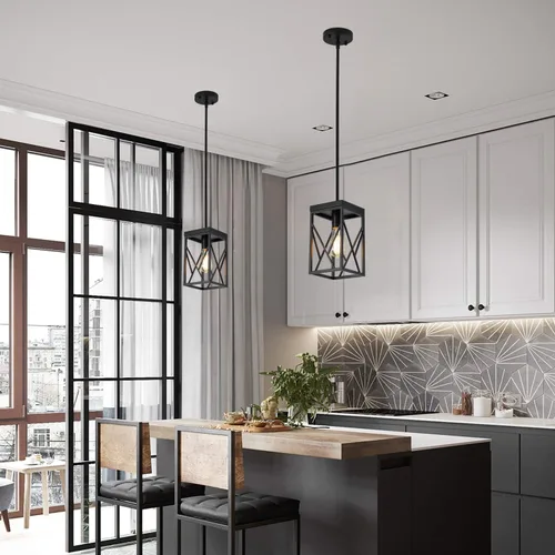 Vista 2 de Lámpara colgante moderna negra con jaula de metal, varillas ajustables de una sola luz, mini lámpara colgante industrial para cocina, isla, Negro