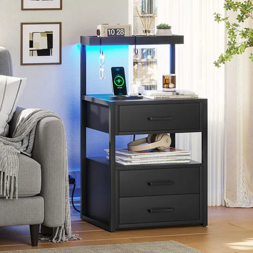 Vista 8 de Mesita de noche con estación de carga y luces LED, mesita de noche LED con 2 puertos USB y 2 salidas de CA, mesa auxiliar moderna con 3 cajones Negro