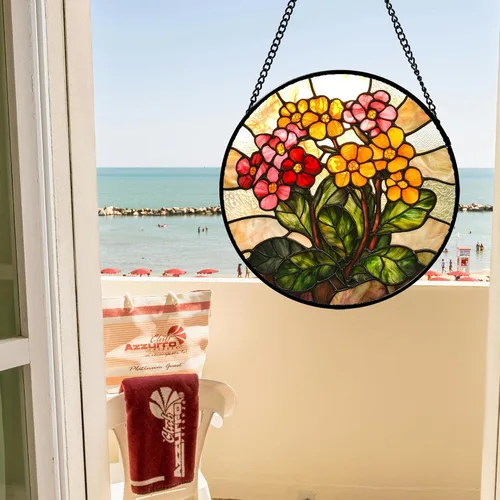 Vista 2 de Atrapasoles para colgar vidrieras, flores amarillas y rojas, para ventana, puerta, decoración del hogar, plantas verdes, atrapasoles, Navidad, Día