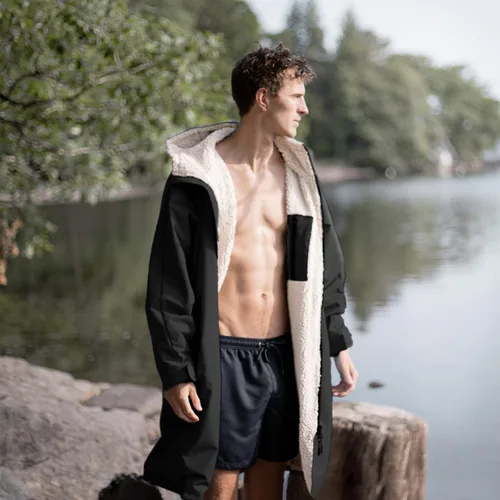 Vista 6 de Oksun Waterproof Swim Parka, Windproof Surf Poncho Warm Coat, Recycled Fabric Water Resistent Oversized Sherpa Lining Jacket