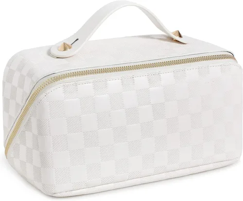 Vista 17 de Bolsas de maquillaje a cuadros de gran capacidad, bolsas de cosméticos portátiles de viaje, bolsa de aseo abierta y plana para mujeres y niñas