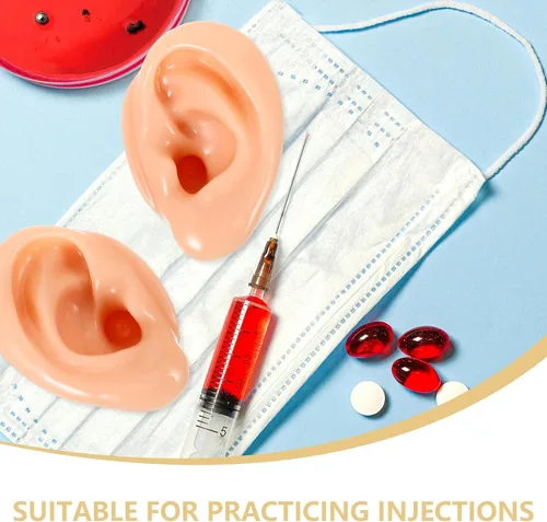 Vista 4 de 2 modelos de orejas de silicona suave para la práctica de piercing, orejas falsas flexibles realistas para exhibición de joyas y enseñanza