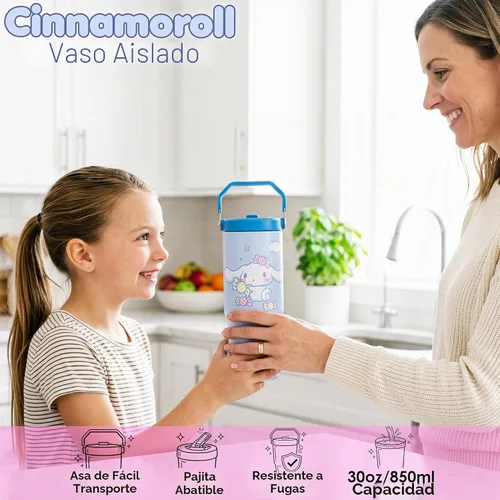 Vista 2 de Get Trend Hello Kitty Cinnamoroll - Vaso de 30 onzas con asa y popote, botella de agua aislada de acero inoxidable para niños, sin bisfenol A, a