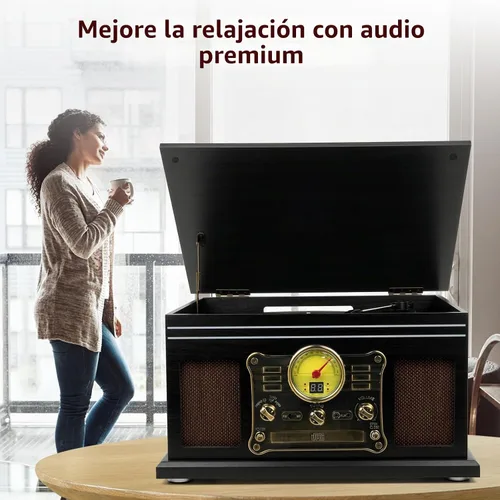 Vista 8 de FEKTIK FEKTIK - Tocadiscos Bluetooth 10 en 1, tocadiscos de 3 velocidades para vinilo con altavoces, convertidor LP a MP3, CD, reproductor de Negro