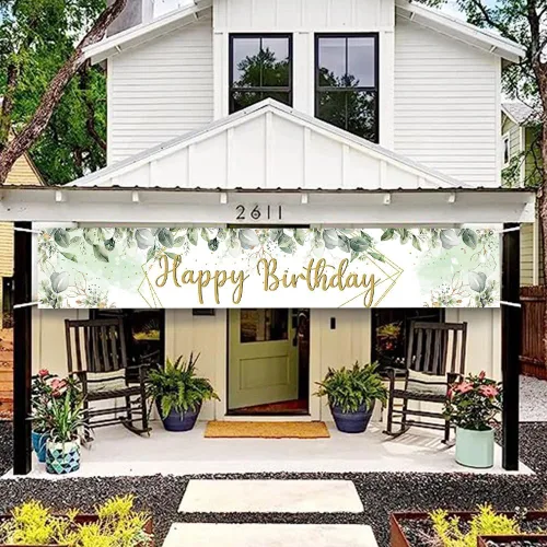 Vista 2 de Cartel de poliéster verde con hojas de eucalipto verdes, 118 x 20 pulgadas, con purpurina dorada, decoración de baby shower, suministros