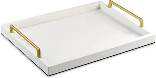 Vista 10 de MCBZ Bandeja decorativa para mesa de centro de sala de estar, bandeja de servicio de alimentos, bandeja otomana de cuero, con asas de metal de 16.5