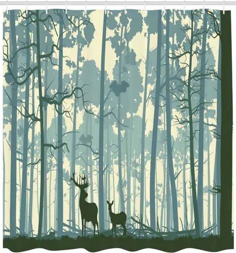 Vista 2 de Ambesonne Cortina de ducha con diseño de ciervo, silueta de animales del bosque brumoso en la naturaleza, diseño de dibujos animados, decoración