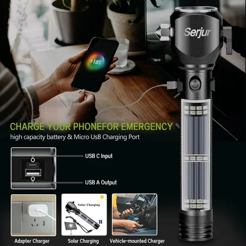Vista 4 de Linterna recargable con energía solar, linterna táctica LED multifunción con rompecristales, cortador de cinturón de seguridad, alarma y cargador