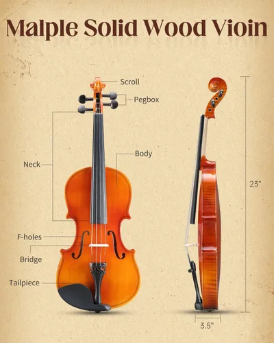 Vista 7 de Ktaxon Violín 4/4 Juego de Tamaño Completo Fiddle, Kit Completo de Violines Acústicos con Tablero Hecho a Mano, Estuche Rígido Ligero de Iniciación